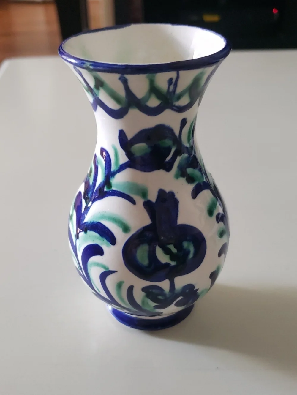 Vtg Hand-Painted Ceramic Vase - White W/ Blue & Green Floral Accents - 5.25
